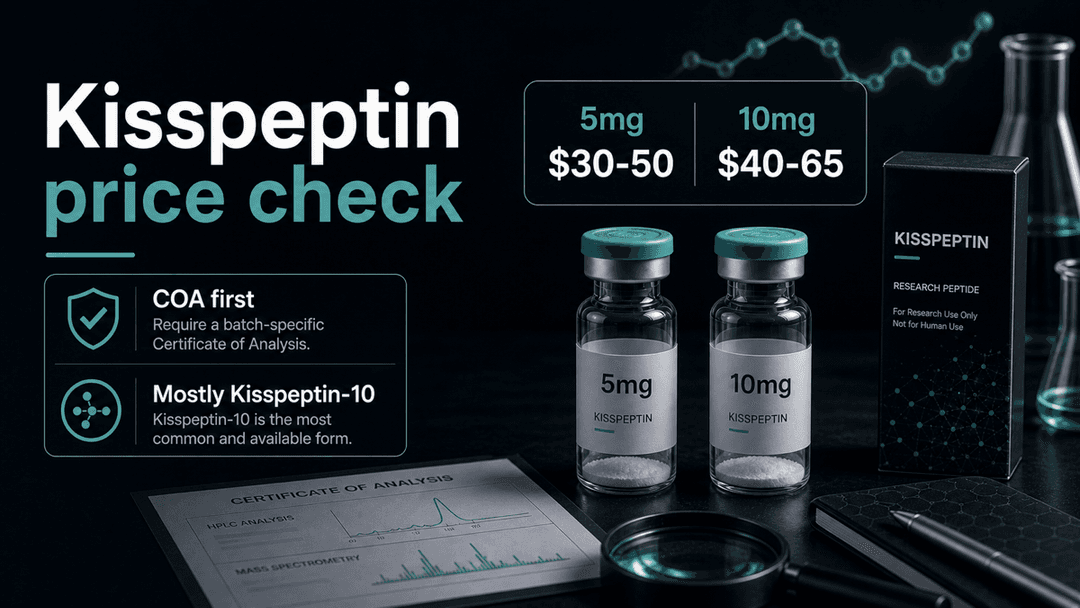 Dark-mode Kisspeptin price check comparing 5mg and 10mg vial ranges with Kisspeptin-10 availability and COA-first filtering