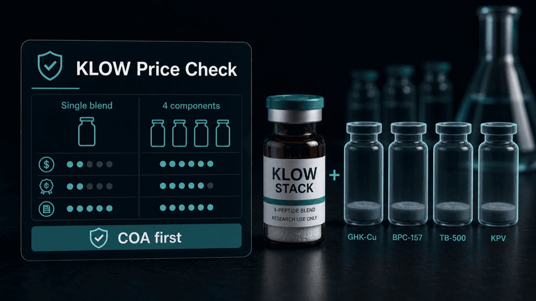 Dark-mode KLOW price check comparing a single blend against four separate component vials