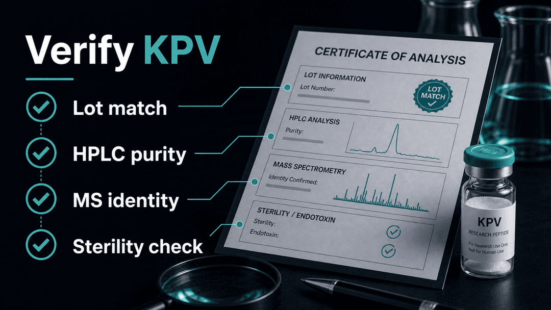 Dark-mode KPV certificate of analysis checklist showing lot match, HPLC purity, MS identity, and sterility checks
