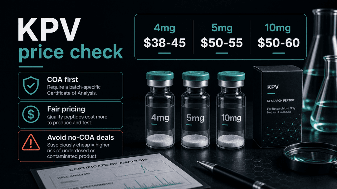 Dark-mode KPV price check comparing 4mg, 5mg, and 10mg vial ranges with a warning about no-COA deals