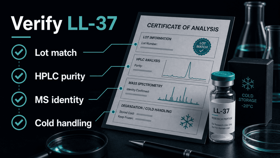 Dark-mode LL-37 certificate of analysis checklist showing lot match, HPLC purity, MS identity, and cold handling checks