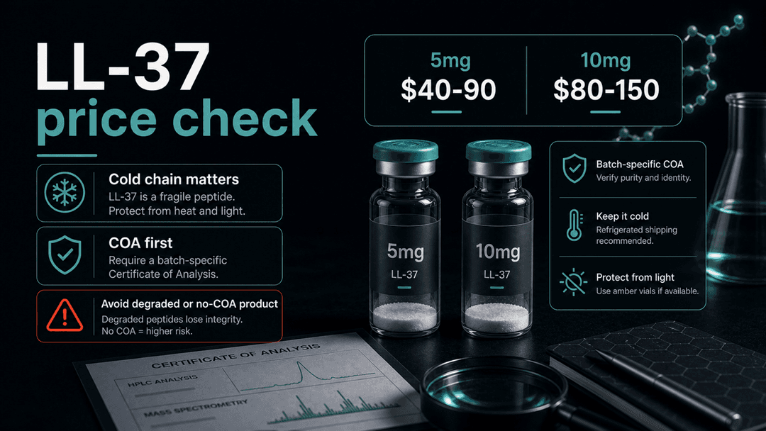 Dark-mode LL-37 price check comparing 5mg and 10mg vial ranges with cold-chain and COA-first filtering
