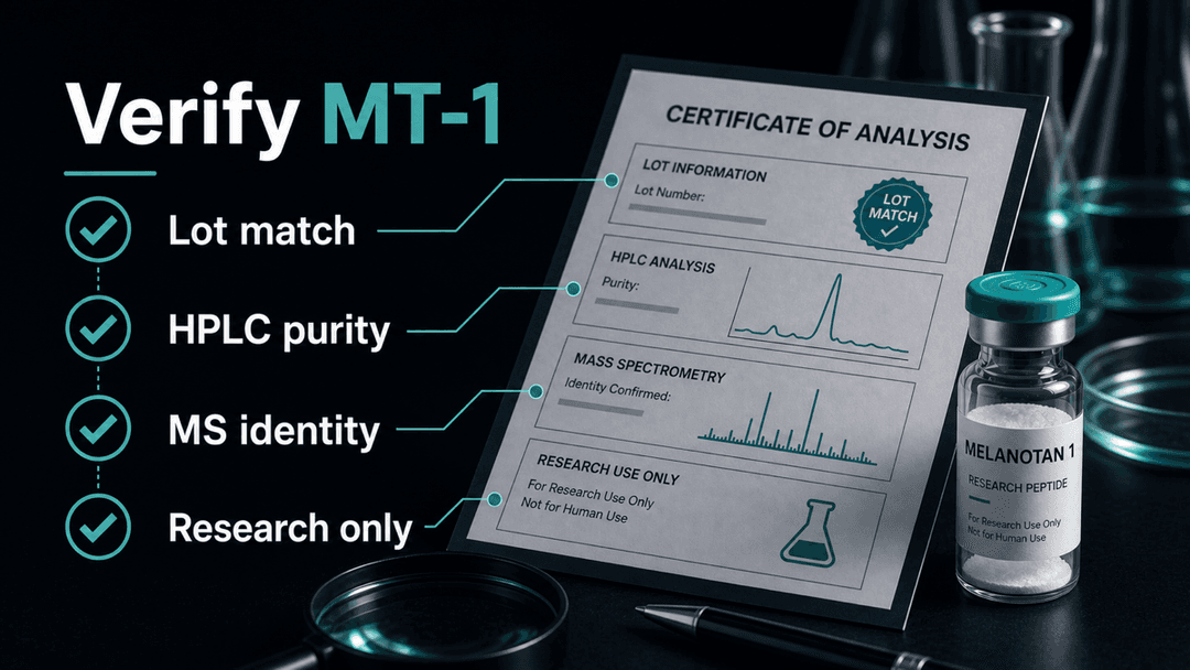Dark-mode Melanotan 1 certificate of analysis checklist showing lot match, HPLC purity, MS identity, and research-only framing