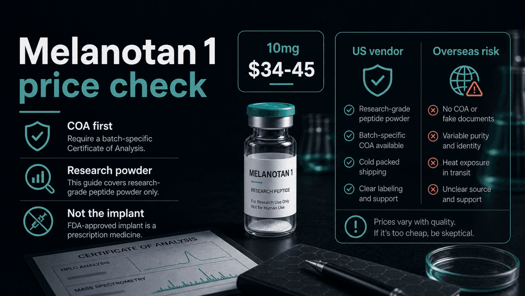 Dark-mode Melanotan 1 price check showing 10mg vial pricing, US vendor comparison, overseas risk, and COA-first filtering