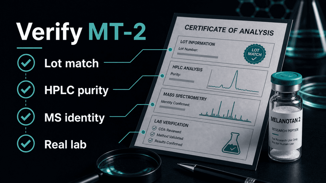 Dark-mode Melanotan 2 certificate of analysis checklist showing lot match, HPLC purity, MS identity, and real lab checks
