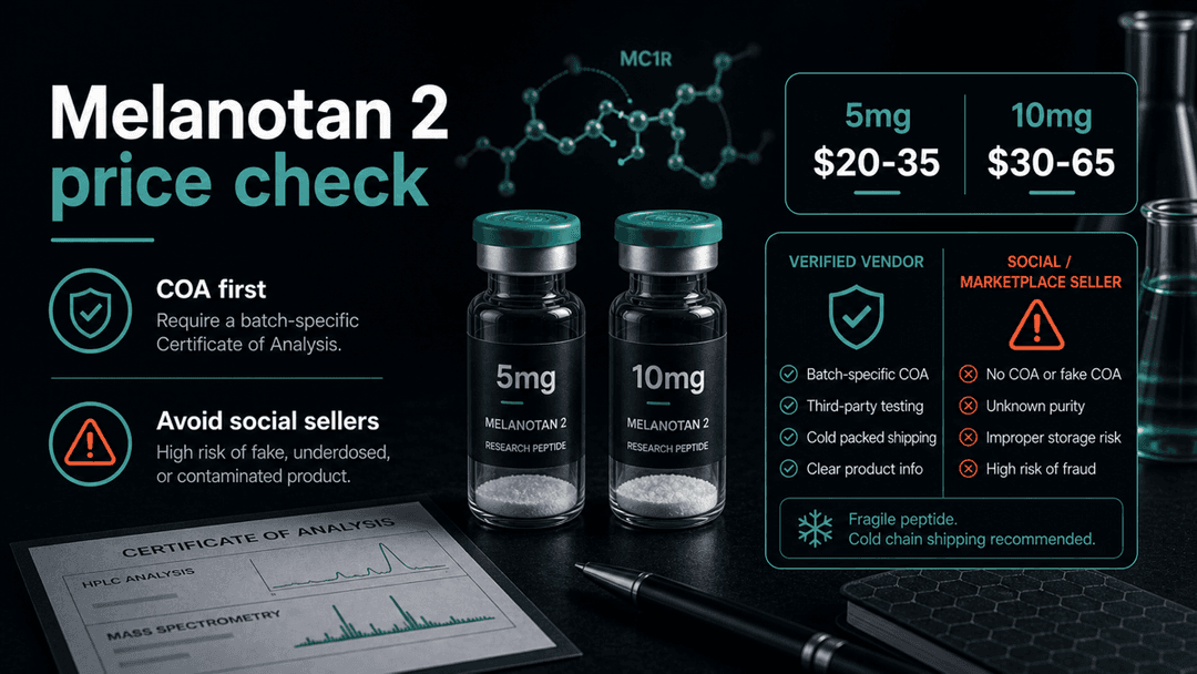 Dark-mode Melanotan 2 price check comparing 5mg and 10mg vial ranges with a warning to avoid social sellers