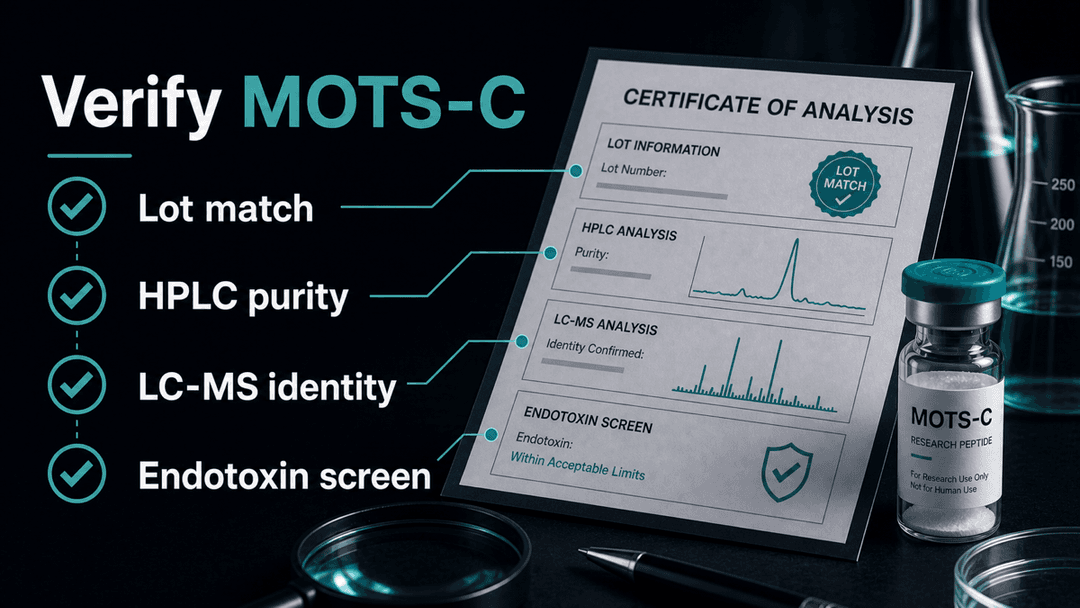 Dark-mode MOTS-C certificate of analysis checklist showing lot match, HPLC purity, LC-MS identity, and endotoxin screening