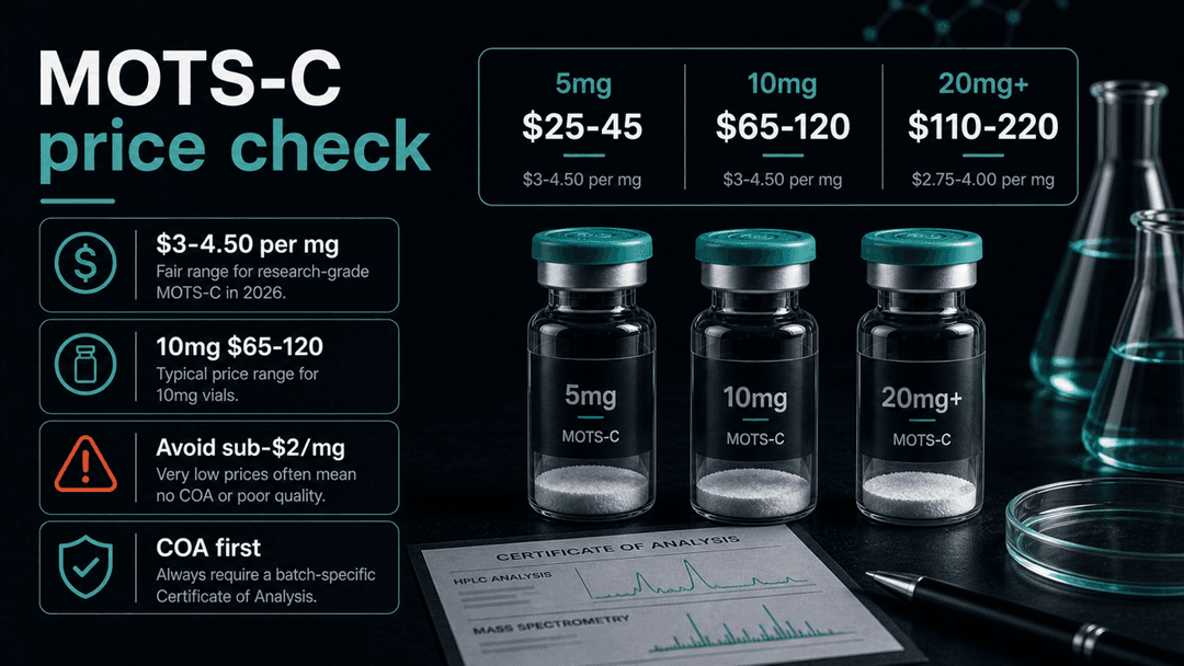 Dark-mode MOTS-C price check showing per-milligram pricing, 10mg vial range, and a warning about sub-$2 per mg products