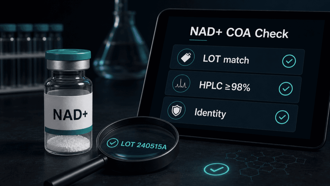 Dark-mode NAD+ COA checklist showing lot match, HPLC purity, and identity verification