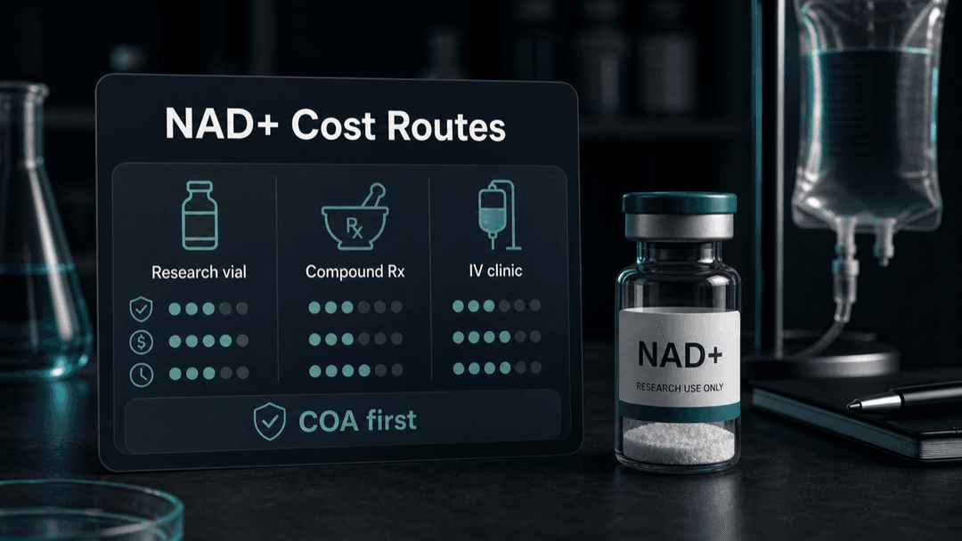 Dark-mode NAD+ cost routes image comparing research vial, compounded prescription, and IV clinic options