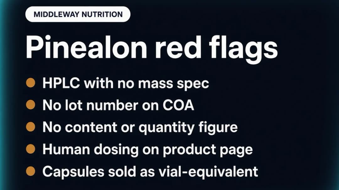 Warning card: Pinealon red flags, no mass spec, no lot number, human dosing on product page