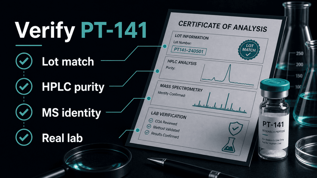 Dark-mode PT-141 certificate of analysis checklist showing lot match, HPLC purity, MS identity, and real lab checks
