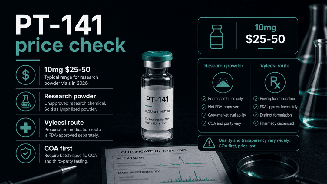 Dark-mode PT-141 price check showing 10mg research vial pricing, Vyleesi route distinction, and COA-first filtering