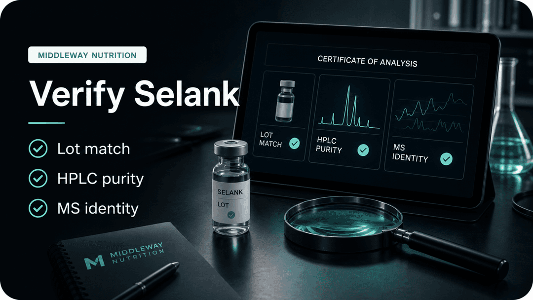 Dark-mode Selank certificate of analysis checklist showing lot match, HPLC purity, and MS identity checks