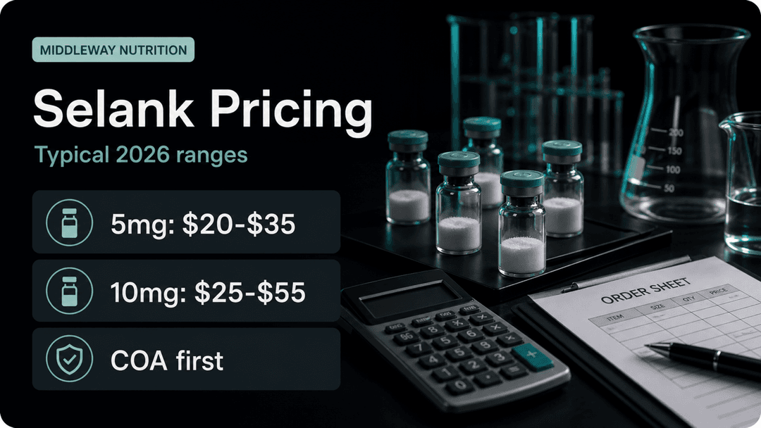 Dark-mode Selank pricing guide showing typical 5mg and 10mg vial ranges with a COA-first reminder