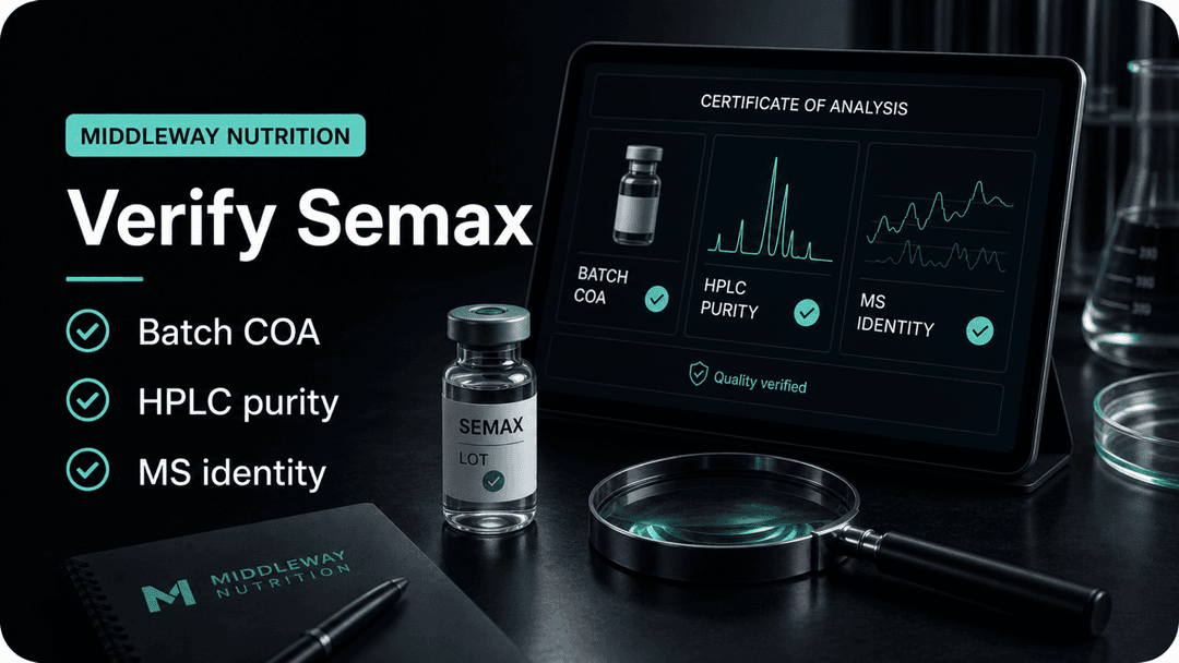 Dark-mode Semax certificate of analysis checklist showing batch COA, HPLC purity, and MS identity checks