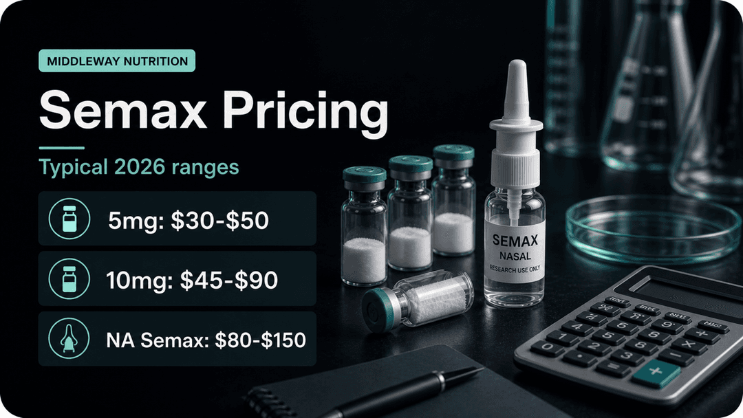 Dark-mode Semax pricing guide showing typical 5mg, 10mg, and NA Semax ranges
