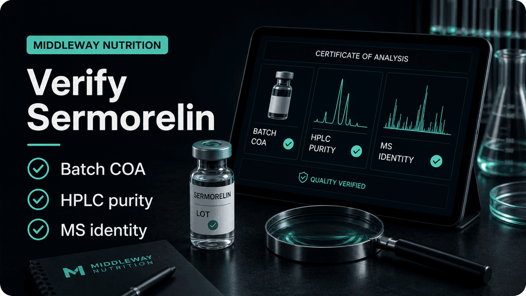 Dark-mode Sermorelin certificate of analysis checklist showing batch COA, HPLC purity, and MS identity checks