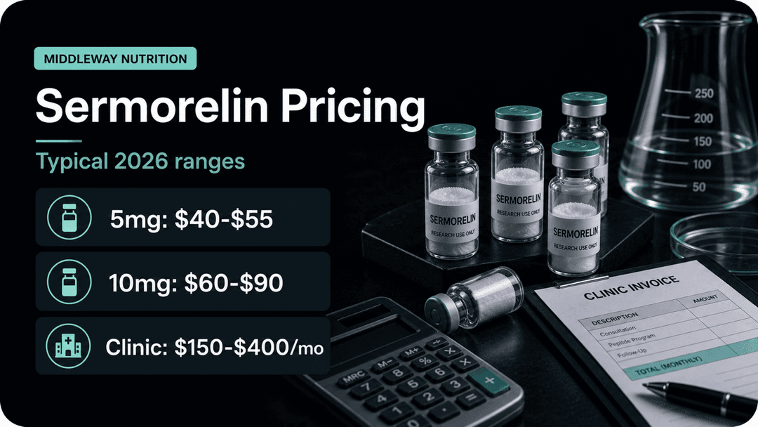 Dark-mode Sermorelin pricing guide showing typical 5mg, 10mg, and compounded clinic monthly ranges