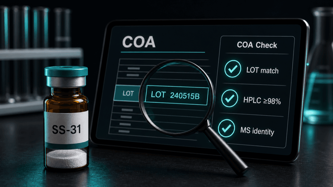 Dark-mode SS-31 COA checklist showing lot match, HPLC purity, and identity verification