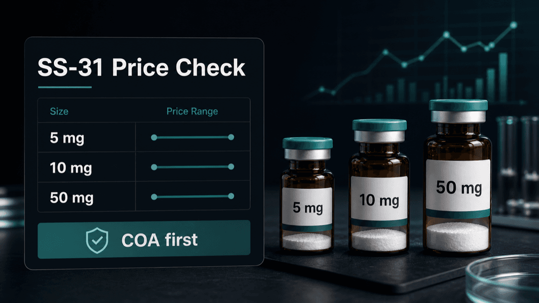Dark-mode SS-31 price check comparing vial sizes with COA-first buying guidance