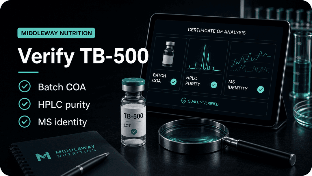Dark-mode TB-500 certificate of analysis checklist showing batch COA, HPLC purity, and MS identity checks