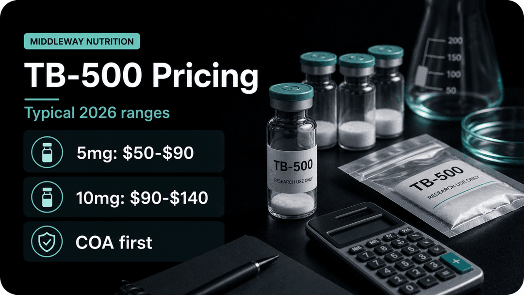 Dark-mode TB-500 pricing guide showing typical 5mg and 10mg vial ranges with a COA-first reminder