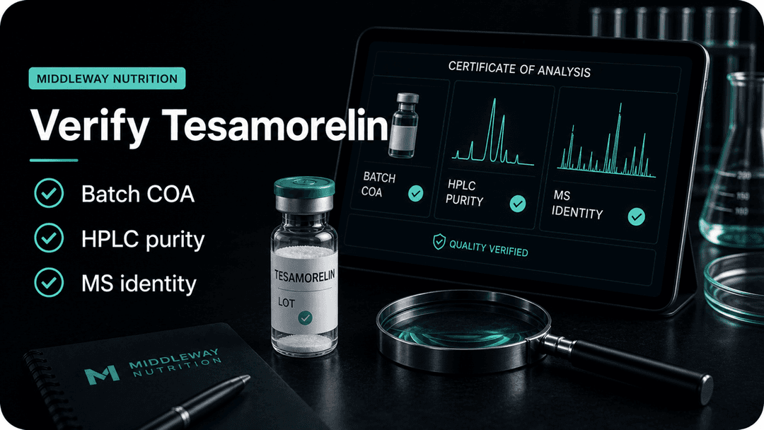 Dark-mode Tesamorelin certificate of analysis checklist showing batch COA, HPLC purity, and MS identity checks