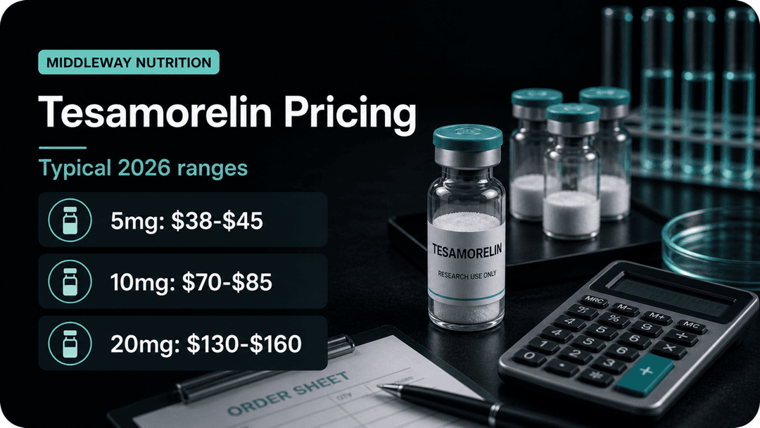 Dark-mode Tesamorelin pricing guide showing typical 5mg, 10mg, and 20mg vial ranges