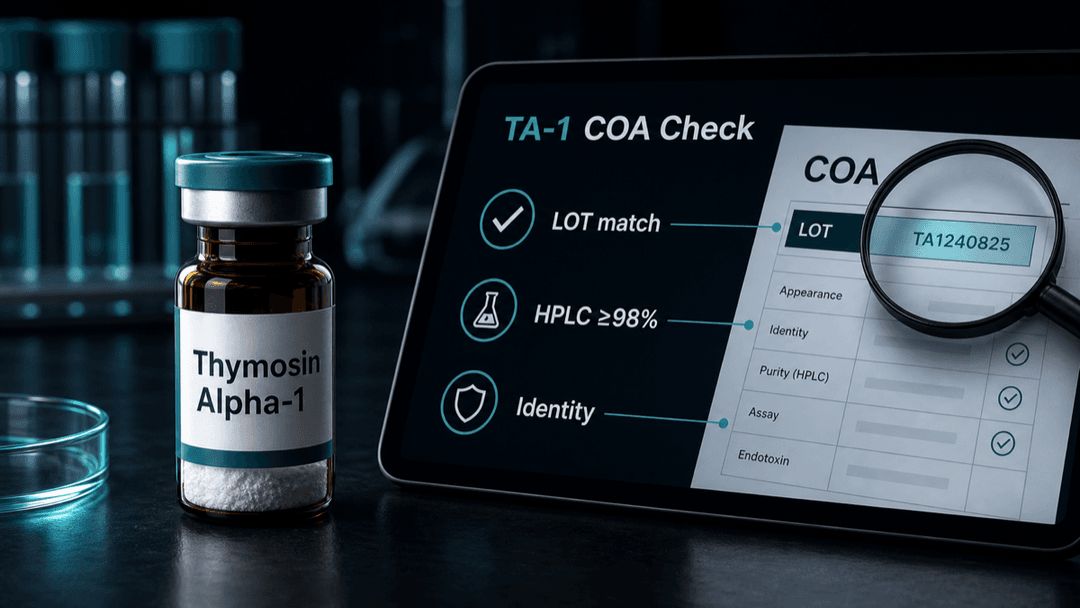 Dark-mode Thymosin Alpha-1 COA checklist showing lot match, HPLC purity, and identity verification