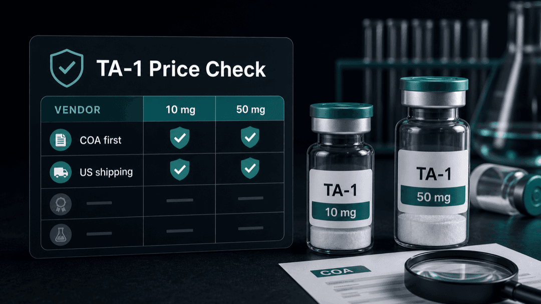 Dark-mode Thymosin Alpha-1 price check comparing vial sizes with COA-first buying guidance