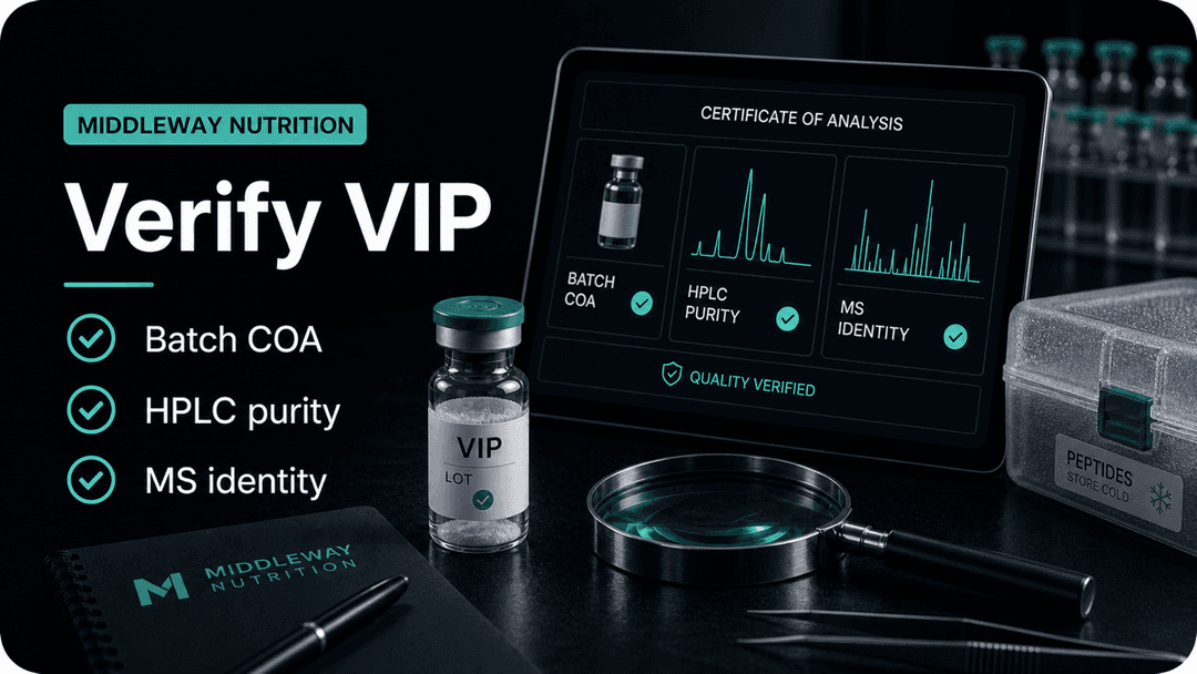 Dark-mode VIP certificate of analysis checklist showing batch COA, HPLC purity, and MS identity checks