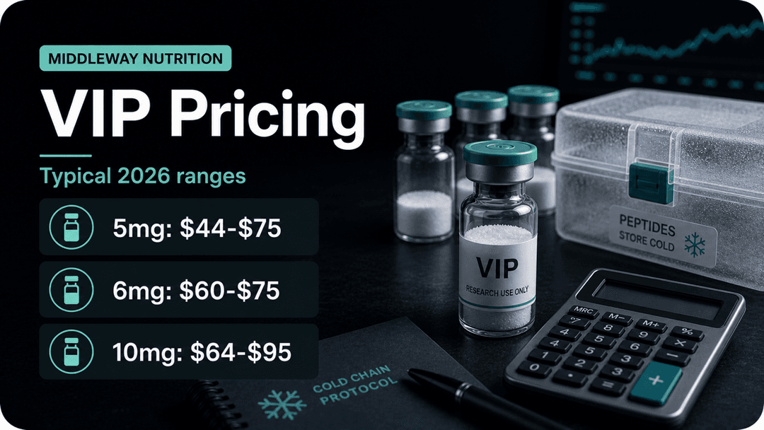 Dark-mode VIP pricing guide showing typical 5mg, 6mg, and 10mg vial ranges