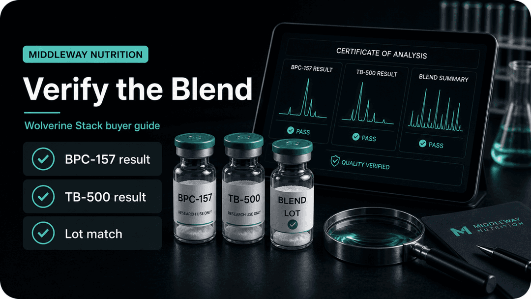 Dark-mode Wolverine Stack blend verification checklist showing separate BPC-157 result, TB-500 result, and lot match checks