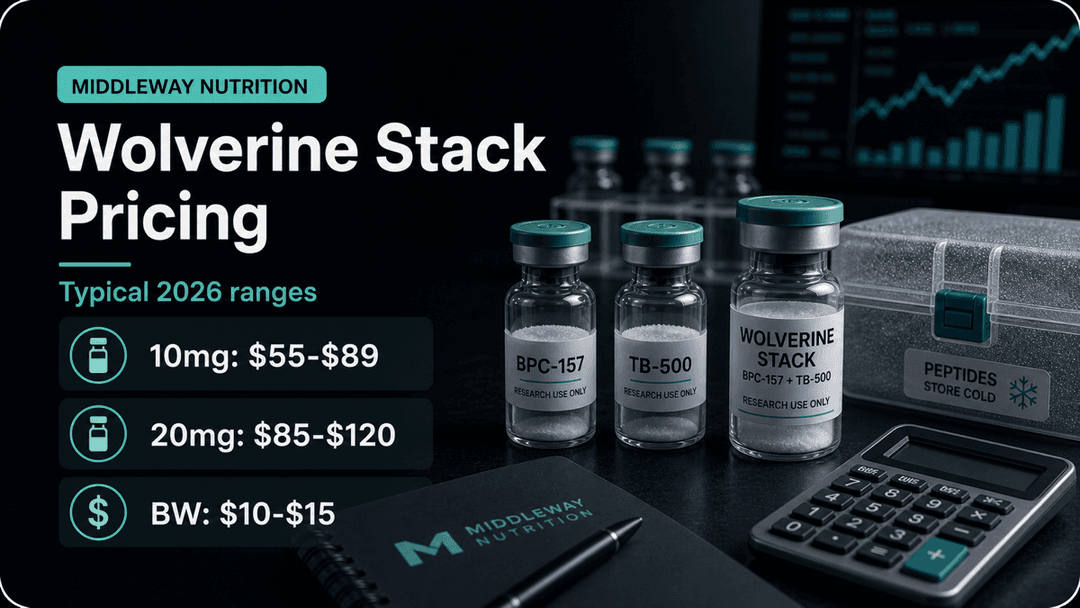 Dark-mode Wolverine Stack pricing guide showing typical 10mg blend, 20mg blend, and bacteriostatic water costs